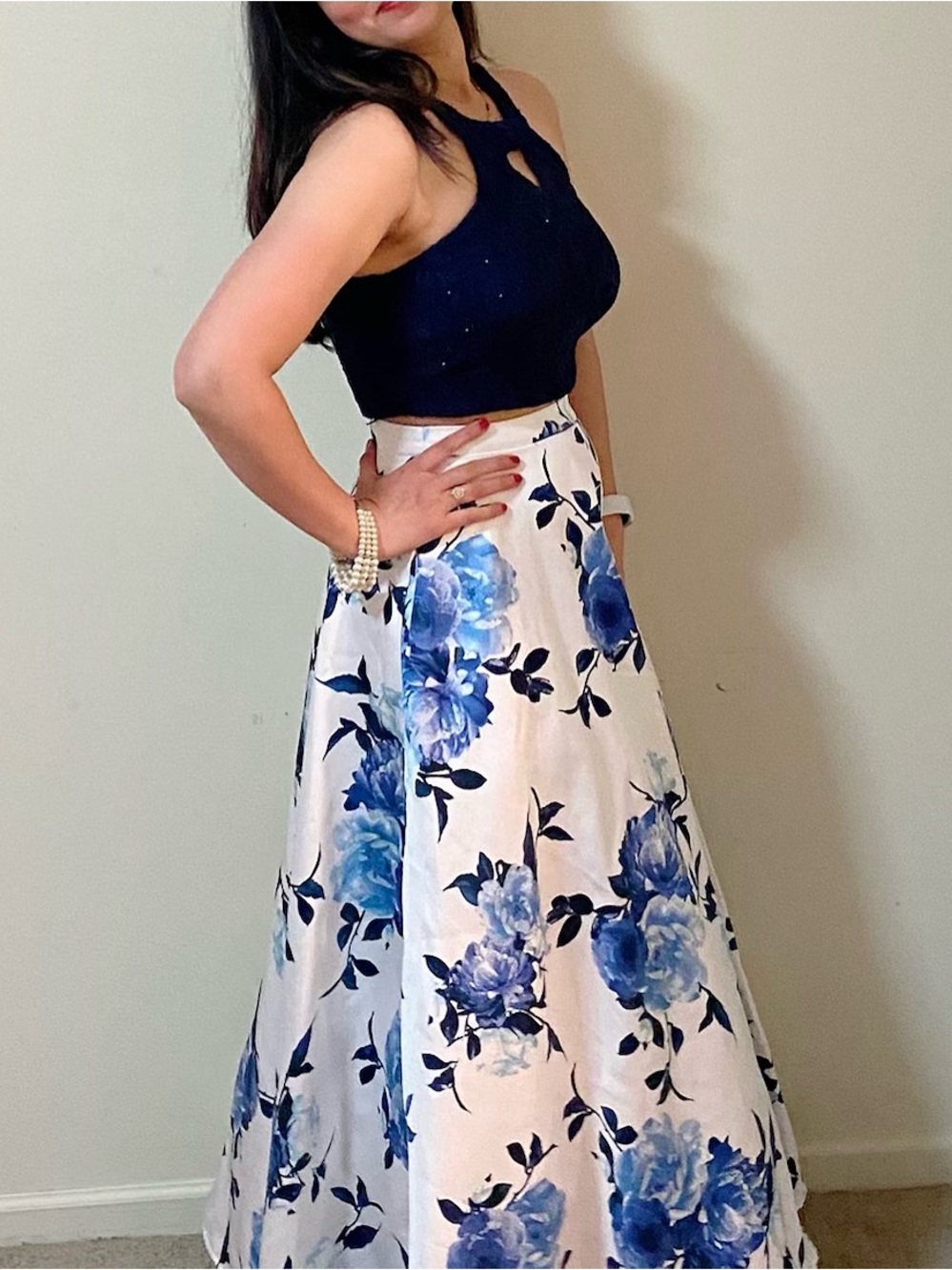 Floral A-Line Maxi Skirt in White and Blue